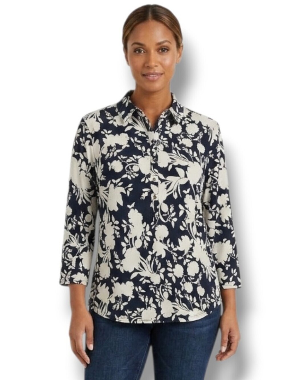 Charter Club Women’s Floral Print Blouse Midnight Blue White Button Front Top L